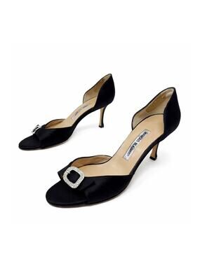 Manolo Blahnik Black Satin Crystal Buckle D’Orsay Heels Womens Size EU 40